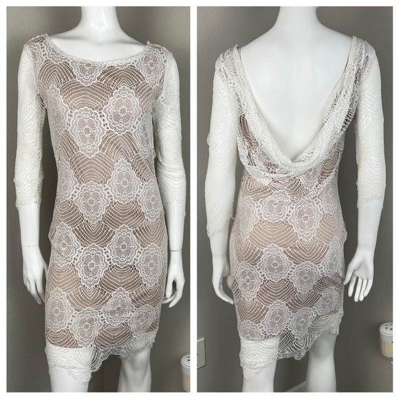 NAKED WARDROBE Crochet Lace Cowl Back Mini Dress Boho 70s Coquette Prairie Bride - Picture 3 of 16